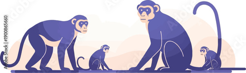 A family of four stylized monkeys, two adults and two young, in a simple illustration