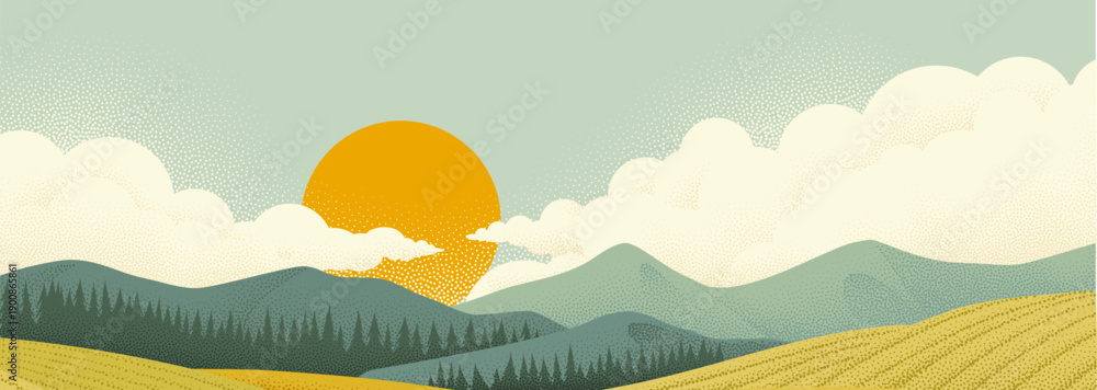 Fototapeta premium A landscape of rolling hills and sun in cloudy sky. Original vintage rural farm or vineyard illustration in a vintage retro pointillism dots style.