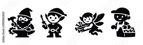 Cartoon gnomes and fairies with tools and hat silhouettes