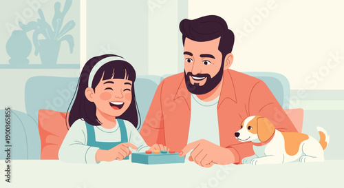 A father and daughter play a game with their dog nearby on the couch