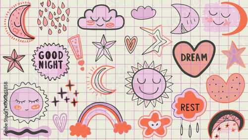 vector sticker sheet with dreamy icons and phrases for social media or scrapbooking, isolated on transparent background, png