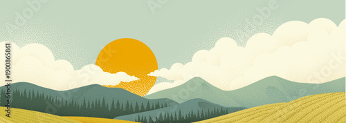 A landscape of rolling hills and sun in cloudy sky. Original vintage rural farm or vineyard illustration in a vintage retro pointillism dots style.