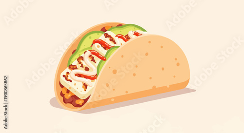 A delicious taco with cheese, avocado, and sauce on a light background