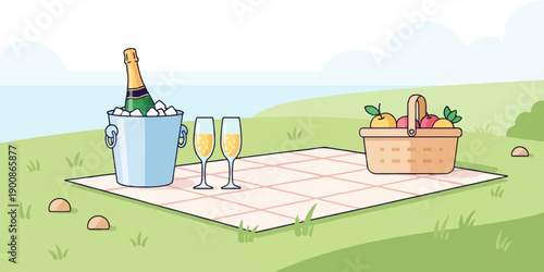 A delightful outdoor picnic with sparkling drinks and fresh fruit in a serene landscape