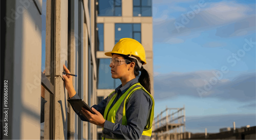 A female construction worker in a yellow hard hat and vest inspects a building