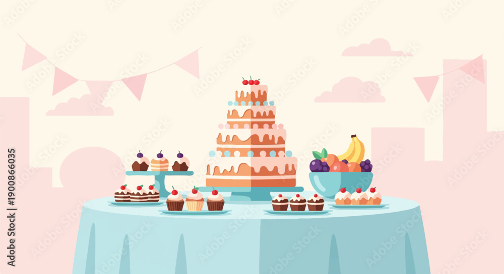 Fototapeta premium A delightful spread of celebratory treats, including a tiered cake, cupcakes, and fruit