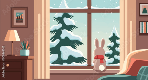 A cozy rabbit in winter attire watches snow fall outside a window