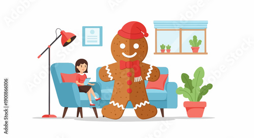 A festive gingerbread man stands in a cozy room with a woman reading
