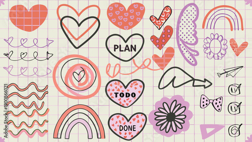 Colorful doodle stickers, heart shapes, rainbow, arrows, todo list icons, for planner or journal, vector illustrations, isolated on transparent background, png