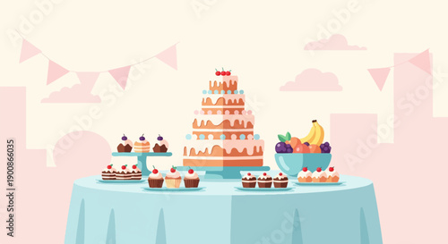 A delightful spread of celebratory treats, including a tiered cake, cupcakes, and fruit