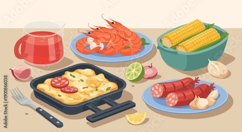 A delightful spread of seafood, corn, sausages, and a refreshing drink