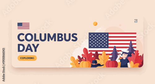 A festive illustration celebrating Columbus Day with an American flag and autumnal elements