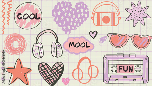 Retro-style doodle stickers with headphones, cassette player, sunglasses, and fun shapes, vector illustration for social media or website decoration, Isolated on transparent background, png