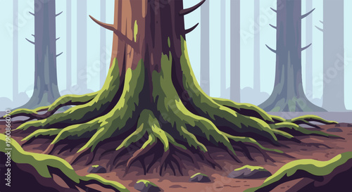 A dense, misty forest with a massive tree, its roots sprawling over mossy ground