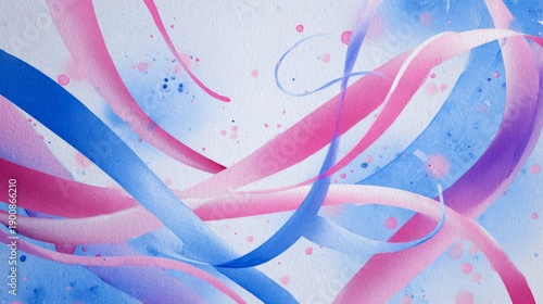 Abstract Colorful Flowing Ribbons with Soft Pastel Gradient and Watercolor Texture Background