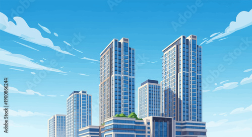 A cluster of modern, tall glass buildings against a bright blue sky