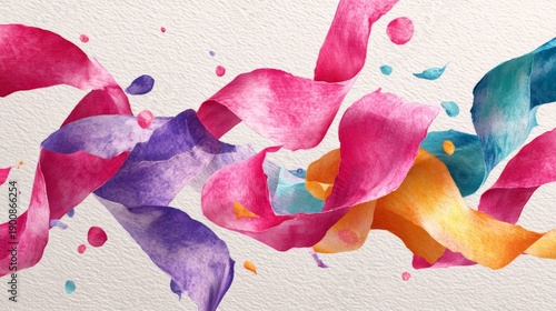 Abstract Colorful Flowing Ribbons with Soft Pastel Gradient and Watercolor Texture Background