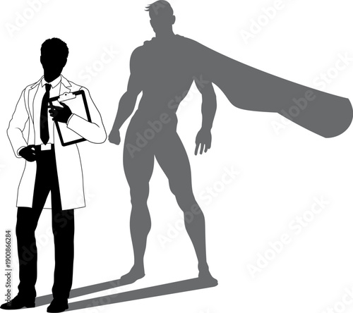A superhero male scientist, engineer, doctor or teacher in a lab white coat man. Revealed by his shadow silhouette as a super hero in a cape.