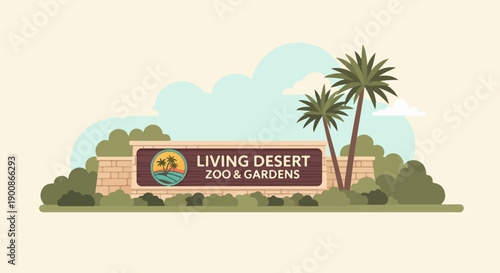 A charming illustration of a zoo entrance sign with palm trees and desert landscape