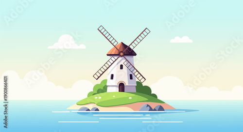 A charming windmill stands proudly on a small, green island in the ocean