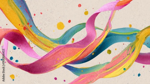 Abstract Colorful Flowing Ribbons with Soft Pastel Gradient and Watercolor Texture Background