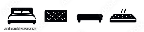 Minimalist black bedroom icons: bed, mattress, bench, and heated pad silhouettes
