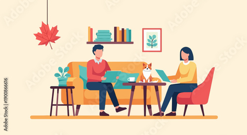 A cozy living room scene with two people, a dog, and autumnal decor