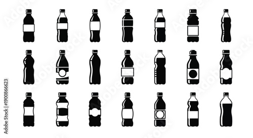 Plastic bottle icons set for water and soda drinks with labels