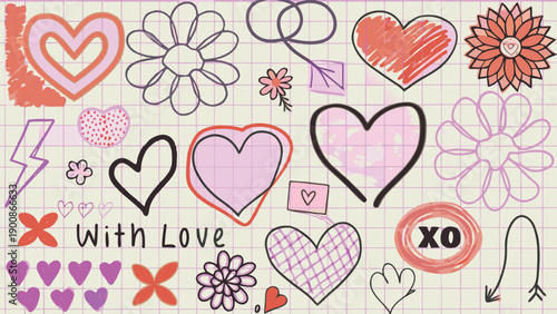 Hand-drawn Valentine's Day stickers and icons, hearts, flowers, and love symbols on a lined paper background, for social media, scrapbooking or gift tags, Isolated on transparent background, png
