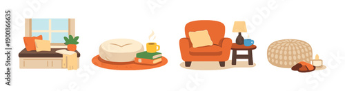 Cozy living room with window seat, armchair, and soft lighting for relaxation