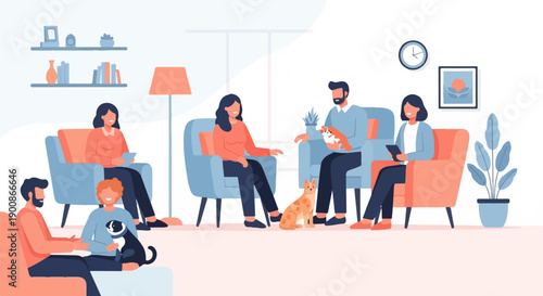 A cozy living room scene with people and pets relaxing together