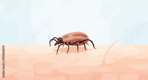 A brown tick with eight legs attached to human skin
