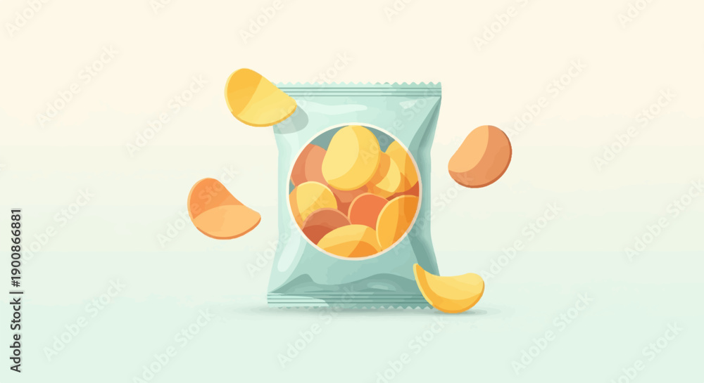 Fototapeta premium A bag of chips is surrounded by floating potato crisps