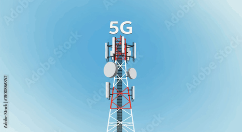 A 5G tower with antennas and dishes against a blue sky