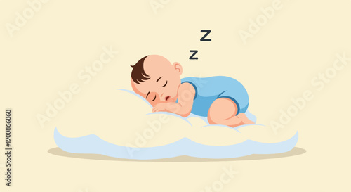 A baby in a blue outfit sleeps peacefully on a soft, light-colored pillow