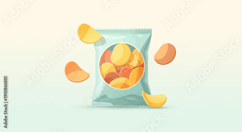 A bag of chips is surrounded by floating potato crisps