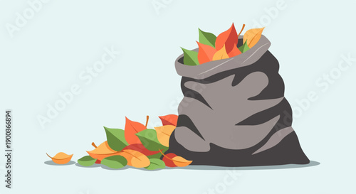 A bag overflows with colorful fall leaves, some scattered around