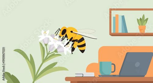 A bee collects nectar from white flowers next to a desk with a laptop and mug