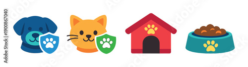Colorful icons of dog, cat, kennel, and pet food bowl on gradient background