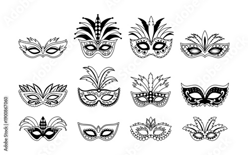 Different masquerade mask icons collection in black line art. Ornate carnival masks with feathers and patterns for festival design - for Mardi Gras celebration or Christmas party.