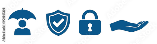 Glowing blue icons of protection concepts: umbrella, shield, lock, hand