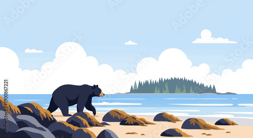 A black bear walks on a sandy beach near a calm ocean under a cloudy sky