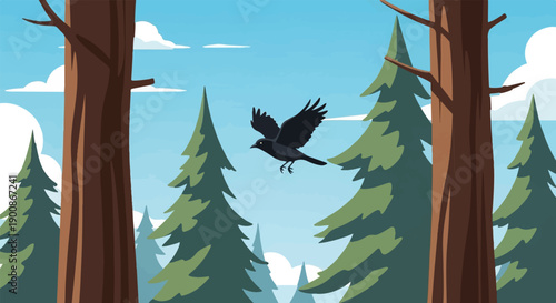 A black bird flies through a forest of tall pine trees under a blue sky