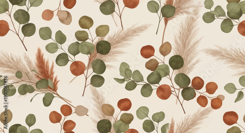 Elegant eucalyptus and pampas grass pattern on beige background