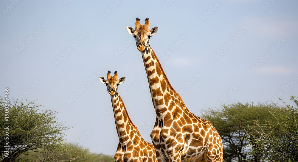 Obraz premium Two majestic giraffes looking directly forward in sunny savanna landscape