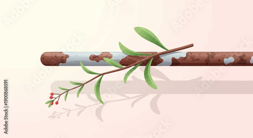 A delicate branch with green leaves and red berries rests on a textured brown log