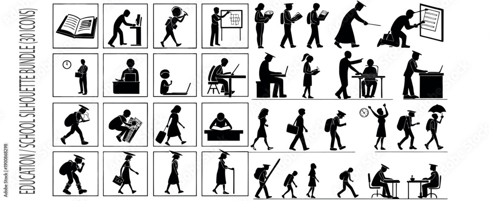 Obraz premium Education & School Silhouette Bundle – 30 Learning Icons for Study, Teaching & Knowledge