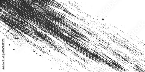 An abstract black ink splat creates a grungy paint splatter texture with a dark spray pattern and liquid stain border on old dirty paper for a vector art design illustration