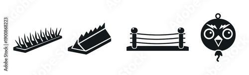 Set of monochrome dark animal traps and angry bird icon on gradient background