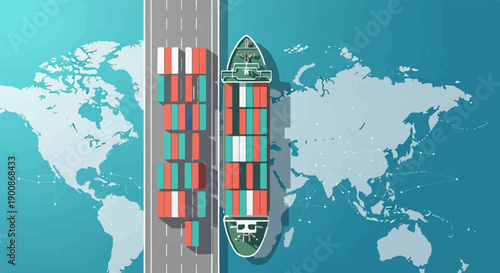 A cargo ship and containers travel across a stylized world map